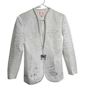 Giovanna Signature White Textured Jeweled Open Front Jacket Size 12